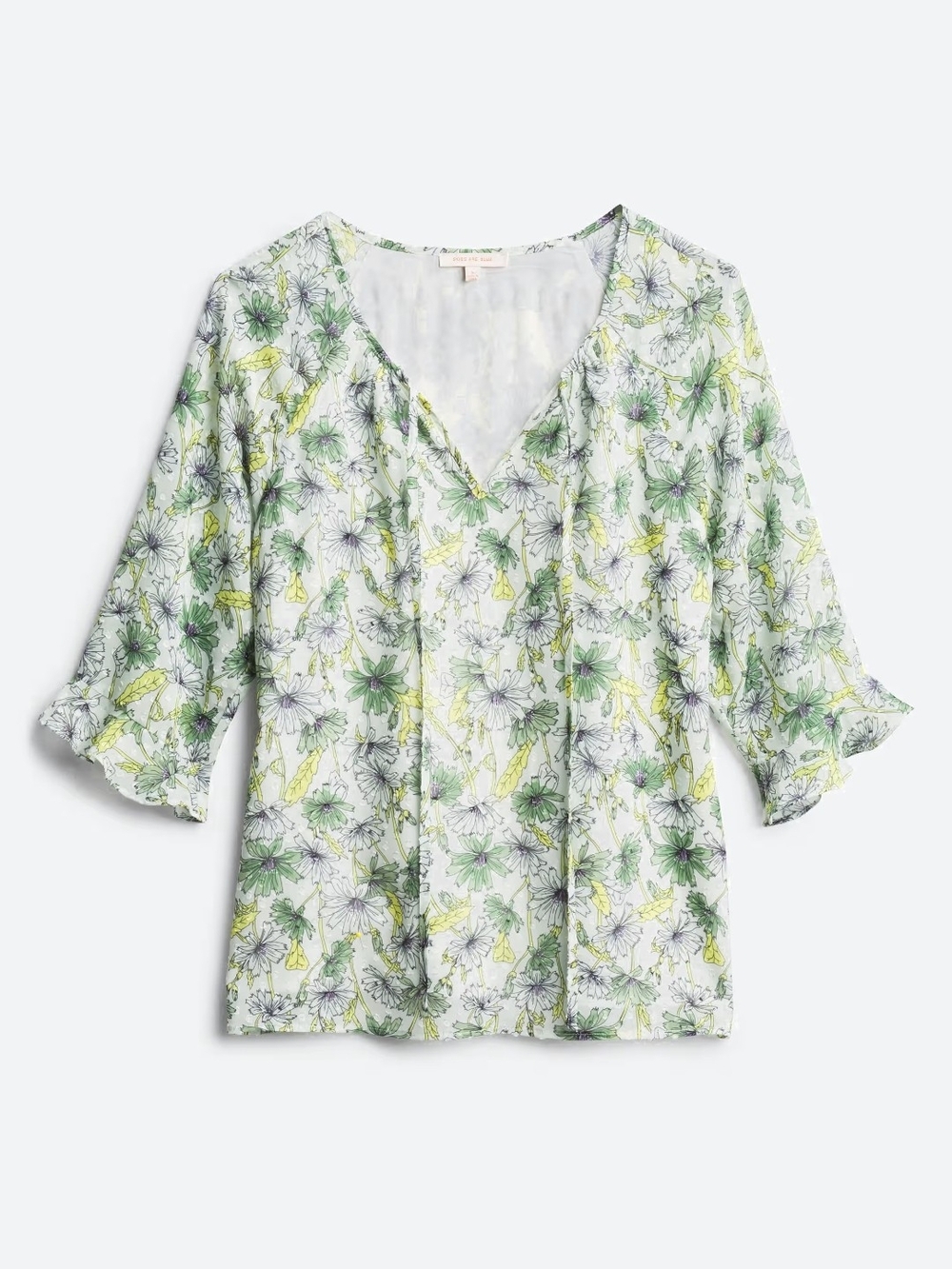 Skies Are Blue Floral V-Neck Blouse in Green and White